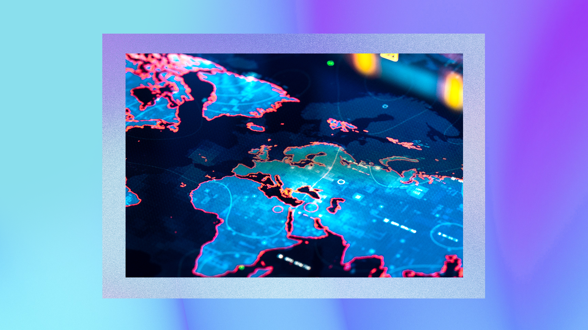 Futuristic image of digital map interface showing Europe, Africa, and Asia with neon blue and red outlines, circular markers, and grid lines on a gradient blue-purple background, suggesting global tracking or cyber monitoring.
