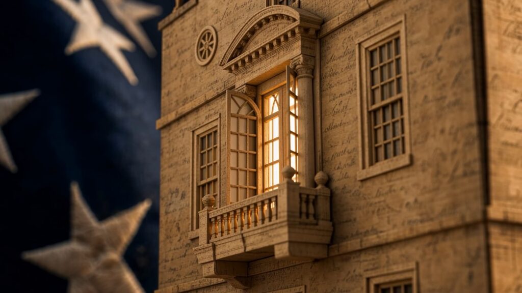 A partial view of the Old State House in Boston with the stars of the American flag showing in the background on the left