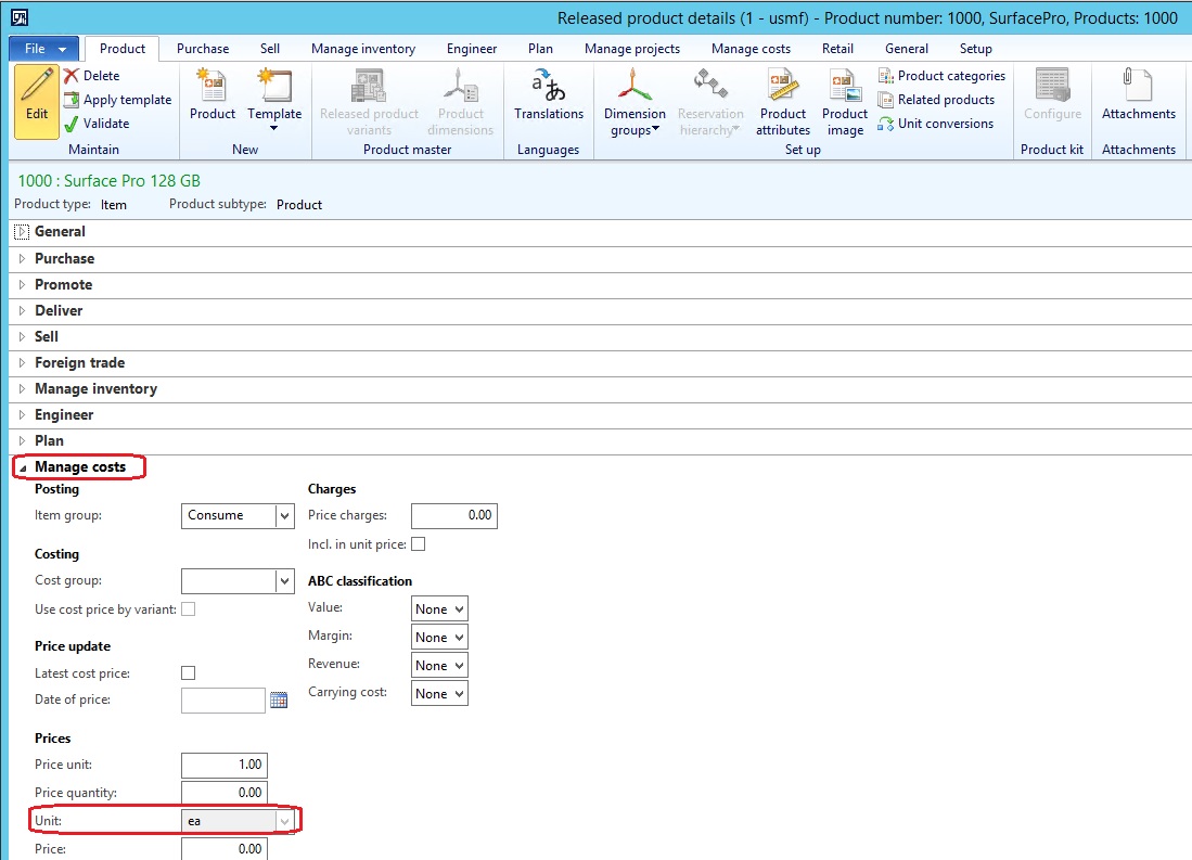 Released product details. Manage costs fast tab.