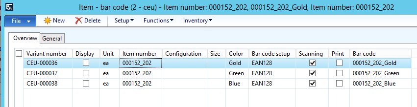 Item barcode overview tab.