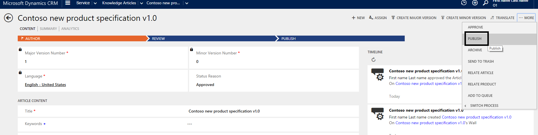 Publish dialog box.