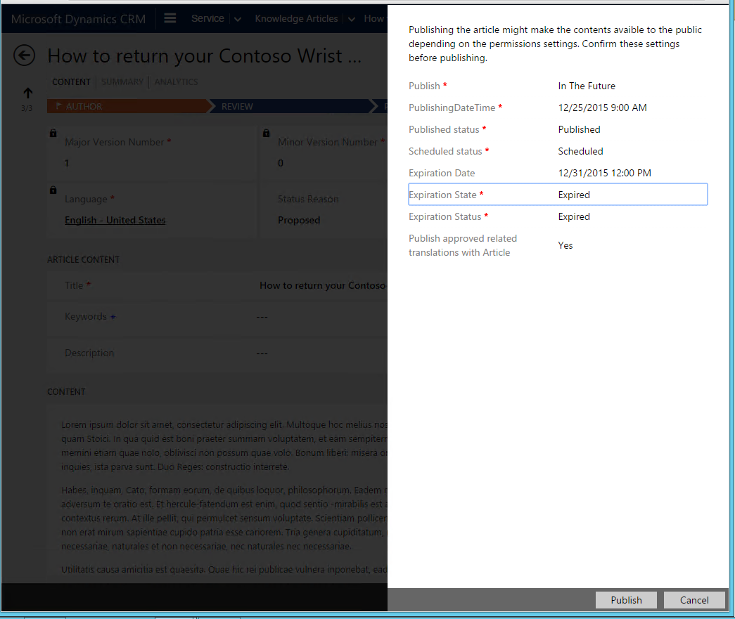 Example of a scheduled publish and expiration.