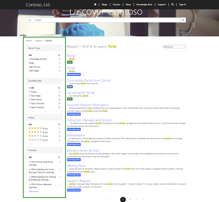 Facets in search results