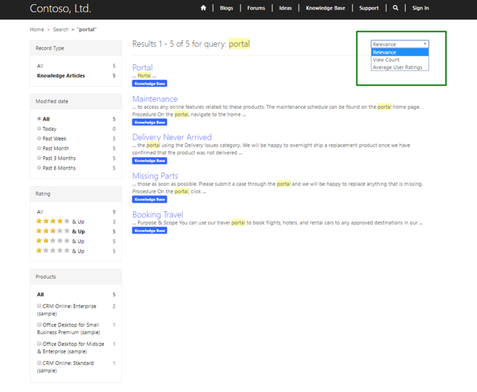 Search results sorted on relevance