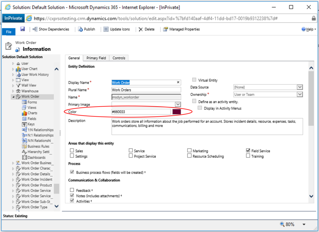 Color set to the Work Order entity in the Color field