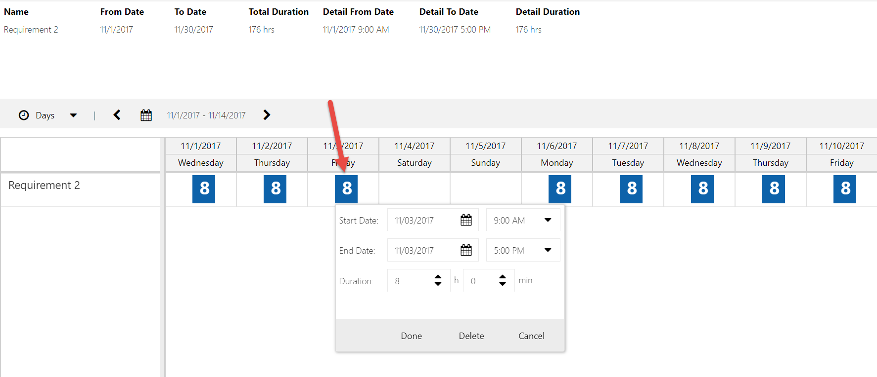 Drag requirement detail and modify date range