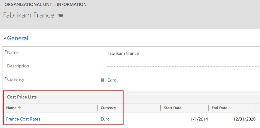 Verify cost price list and currency associated with organizational units