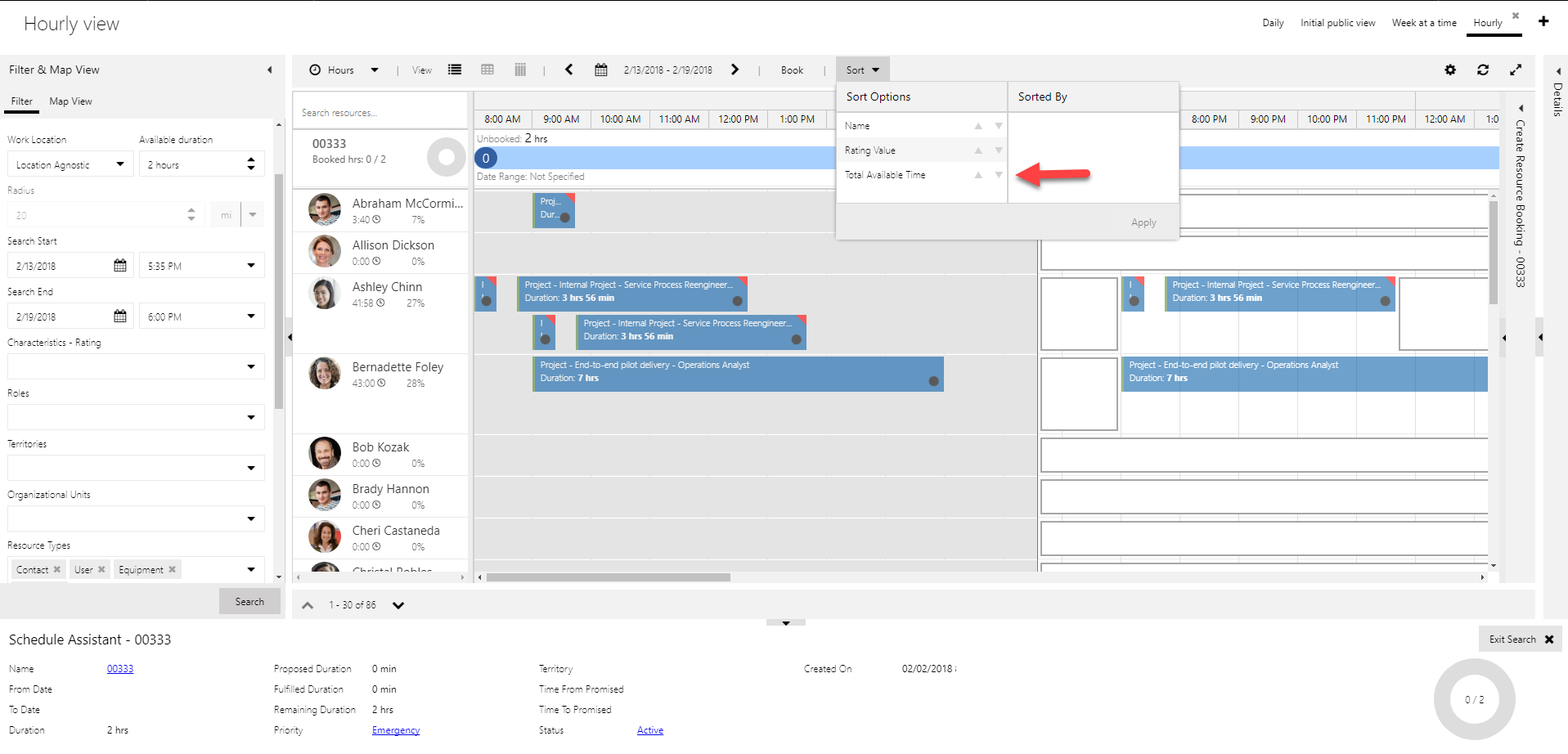 Different sort options when searched for availability on Schedule Board
