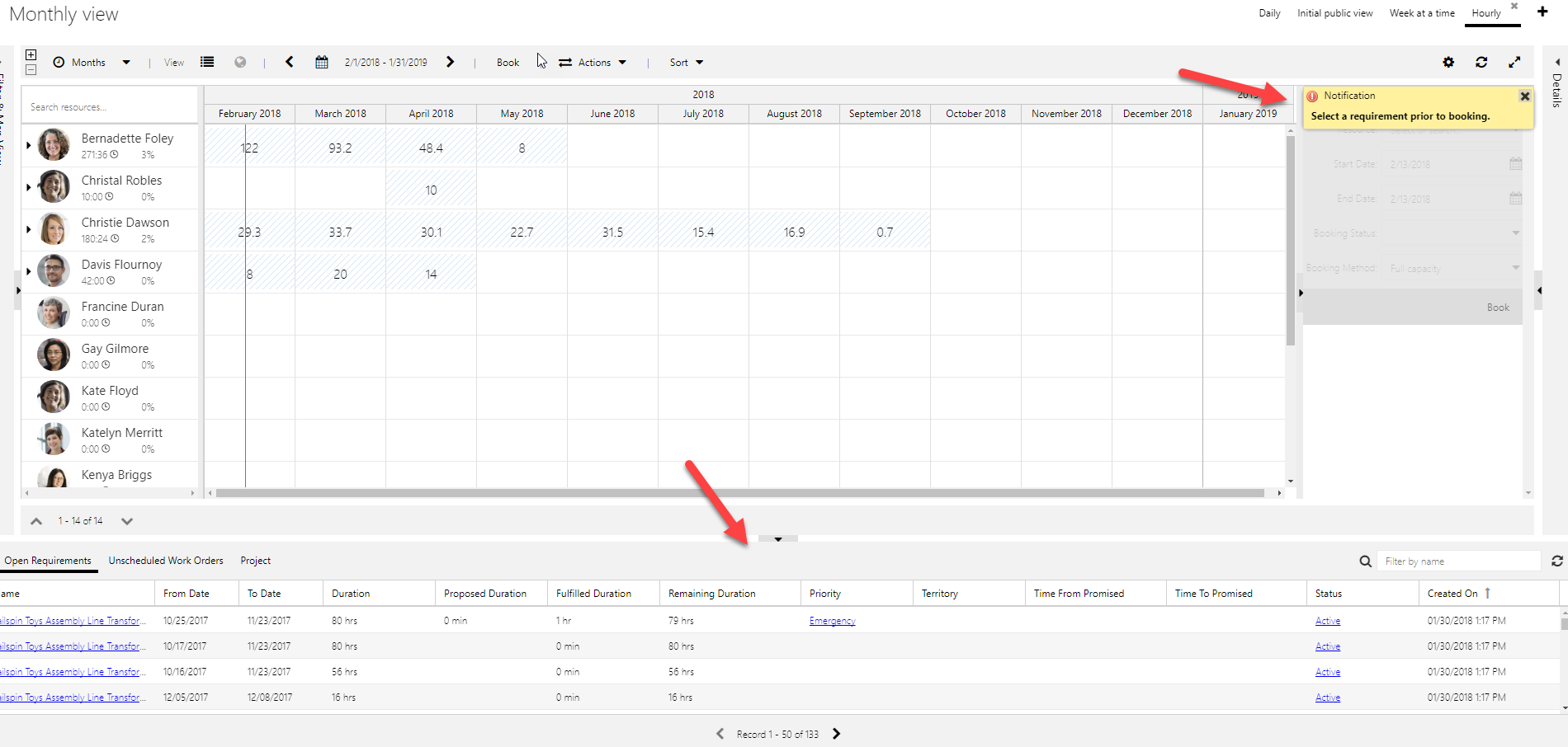 booking requirement grid when user clicks Book