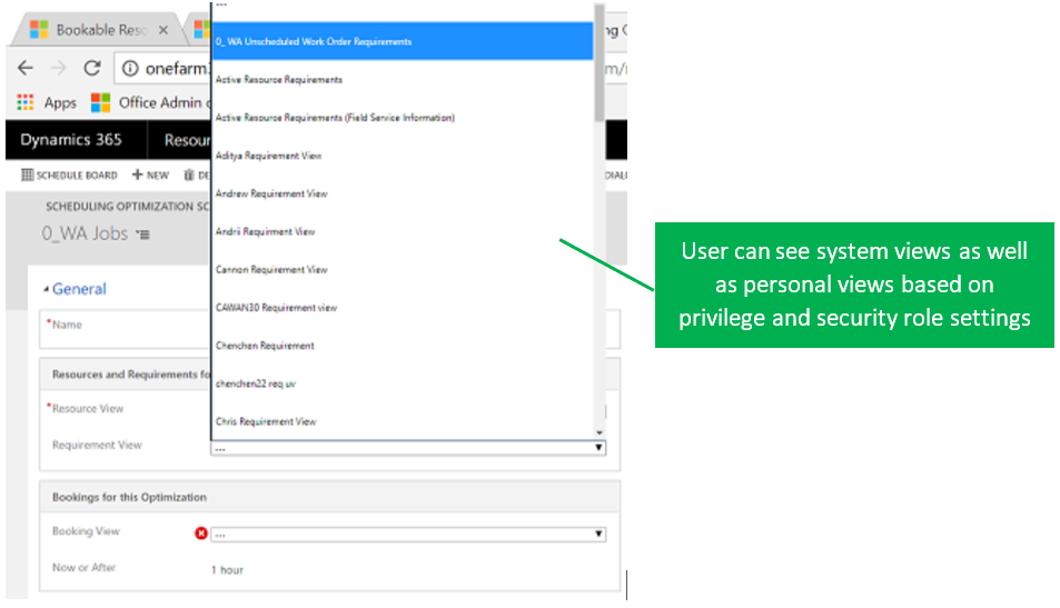 List of views based on privilege and security role settings