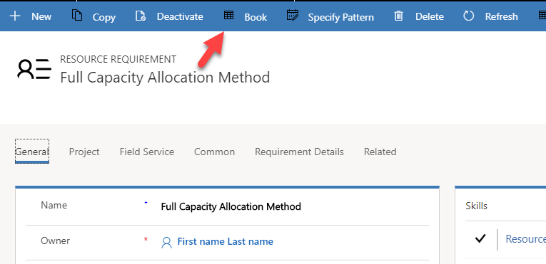 Image of “Book” button on ribbon of requirement on requirement form