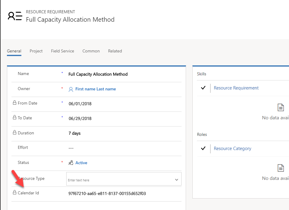 Image of Calendar ID field exposed on the requirement form