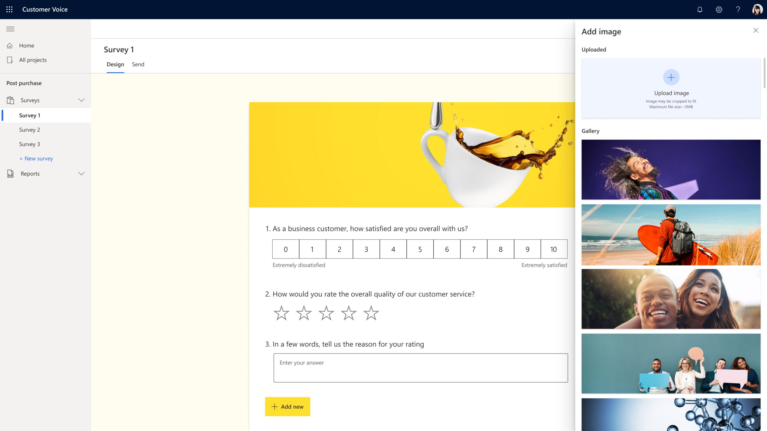 Survey design form with option to personalize with either custom or out of the box stock images.