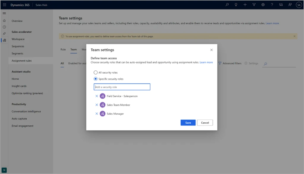 Screenshot of the Team settings section of the assignment rules settings page, with security roles highlighted.