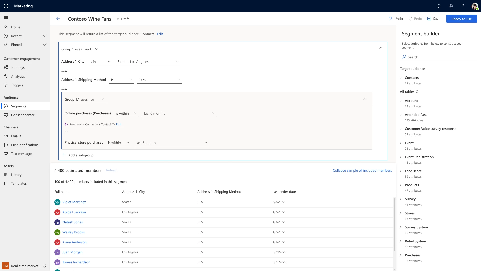 UI showing creation of a new segment and checking its members and size.