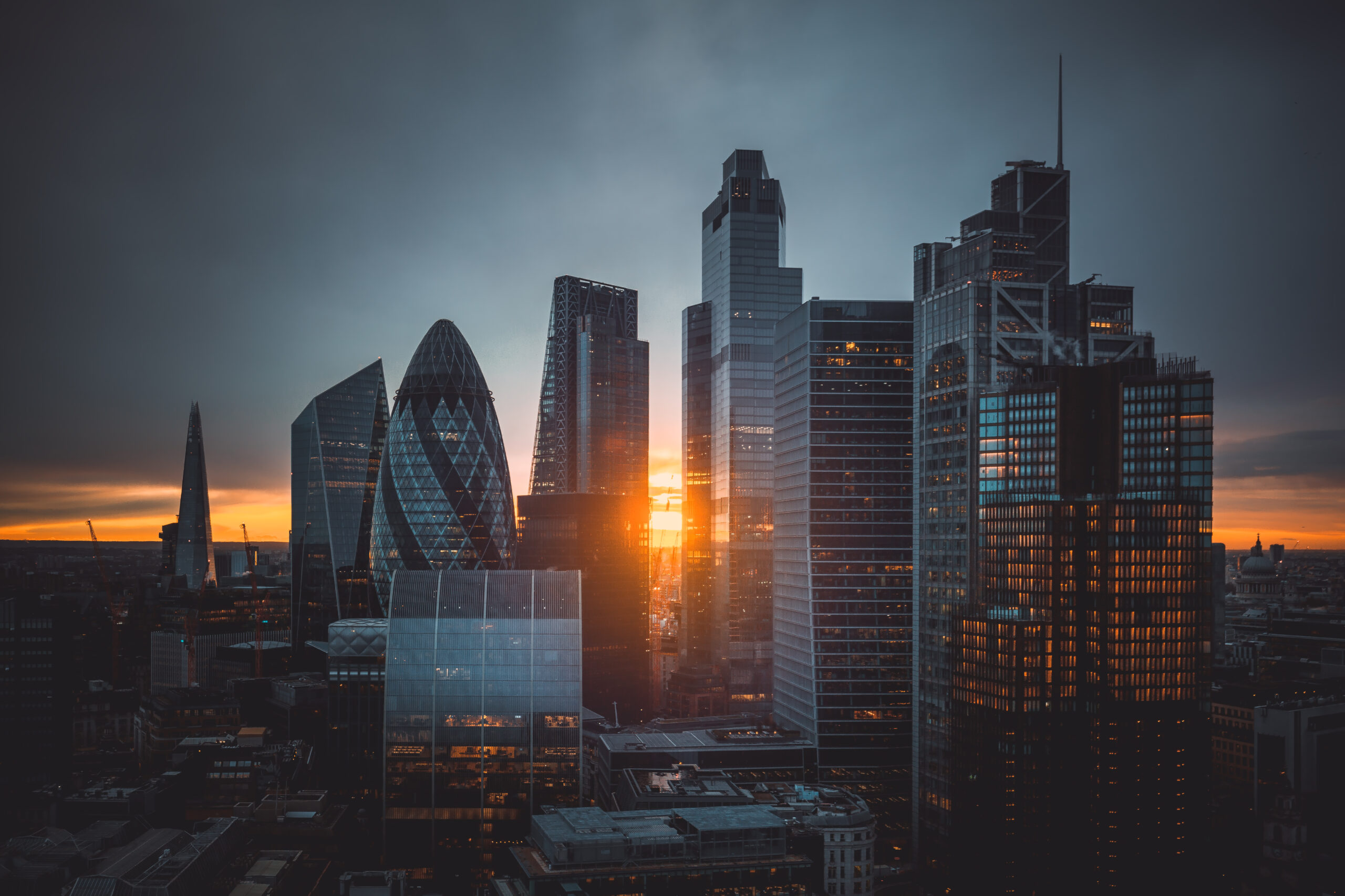 Photo of London financial district skyline at sunrise