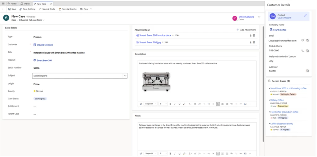 Enhanced case form showing a new case