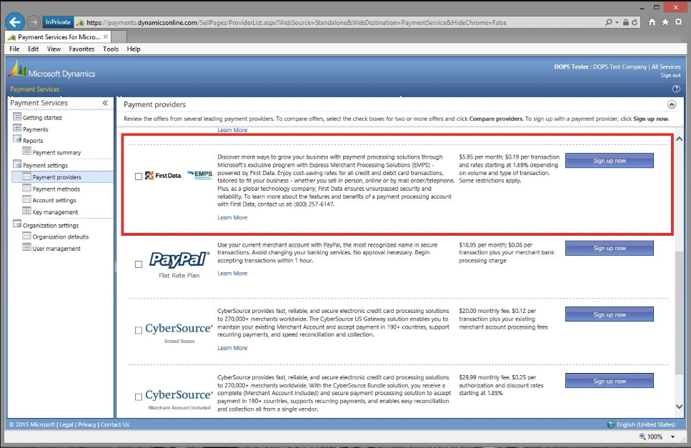 Screen capture of Microsoft Dynamics Online sign up process.