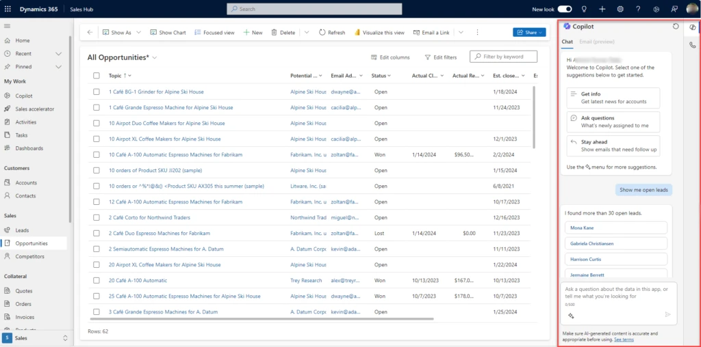 Screenshot of a Copilot chat Q&A in the right side panel in Dynamics 365 Sales.