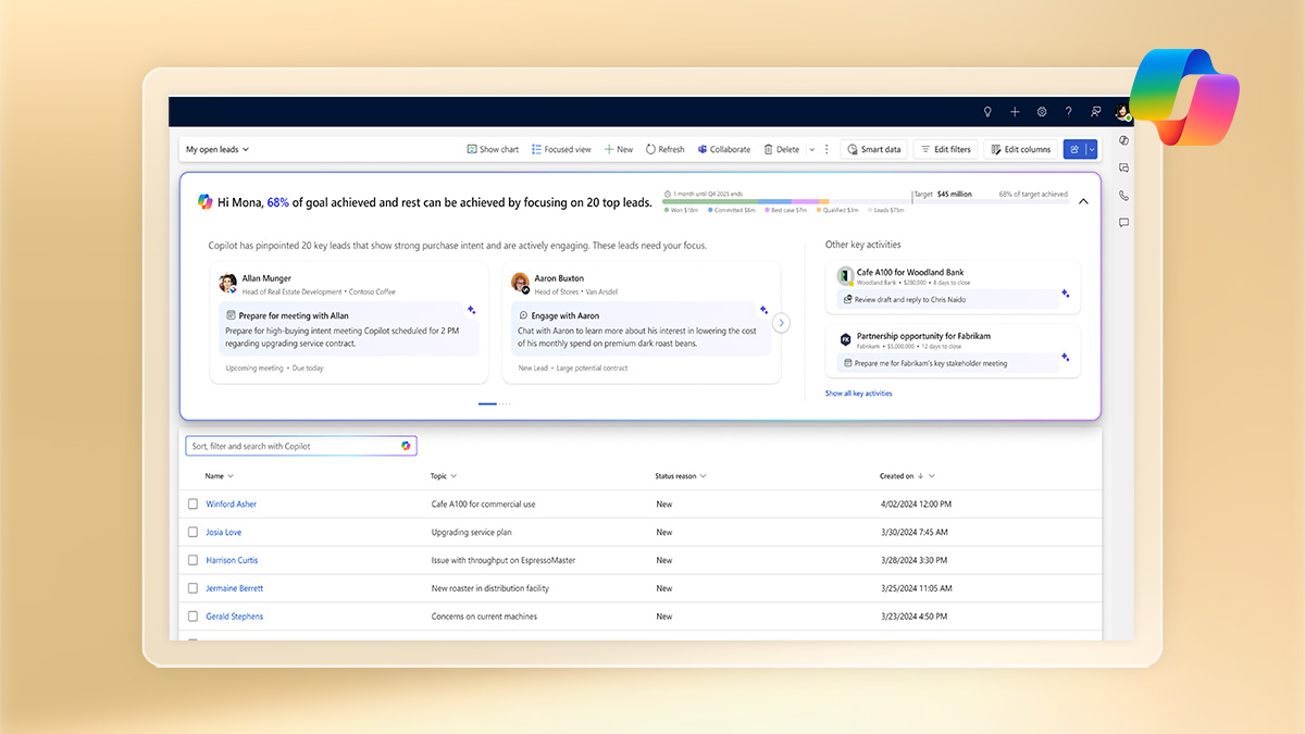 A screenshot from the Dynamics 365 sales hub showing open leads. The screen shot is displayed in a mockup monitor, atop a light orange background, with the Copilot logo overlaid on the top right