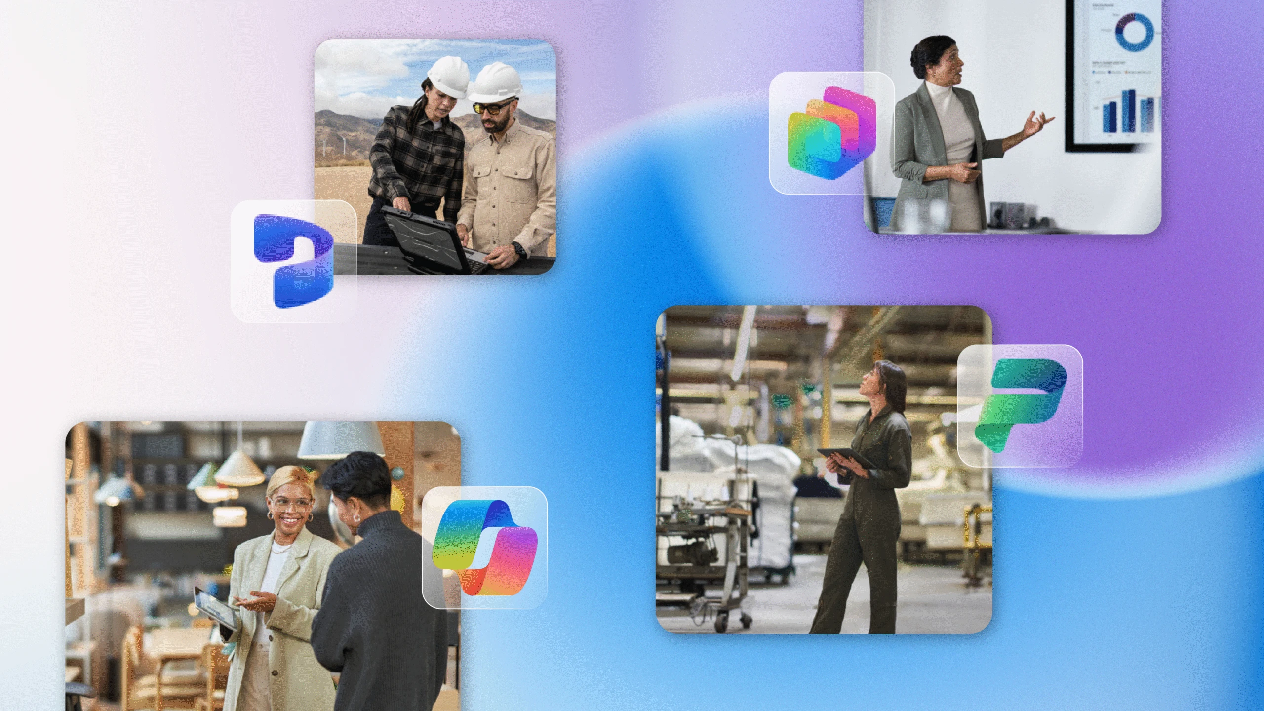 Collage of workplace scenarios&mdash;field technicians reviewing data outdoors, a business presentation with charts, team collaboration in an office, and a factory worker using a tablet&mdash;connected by Microsoft Copilot and Power Platform icons