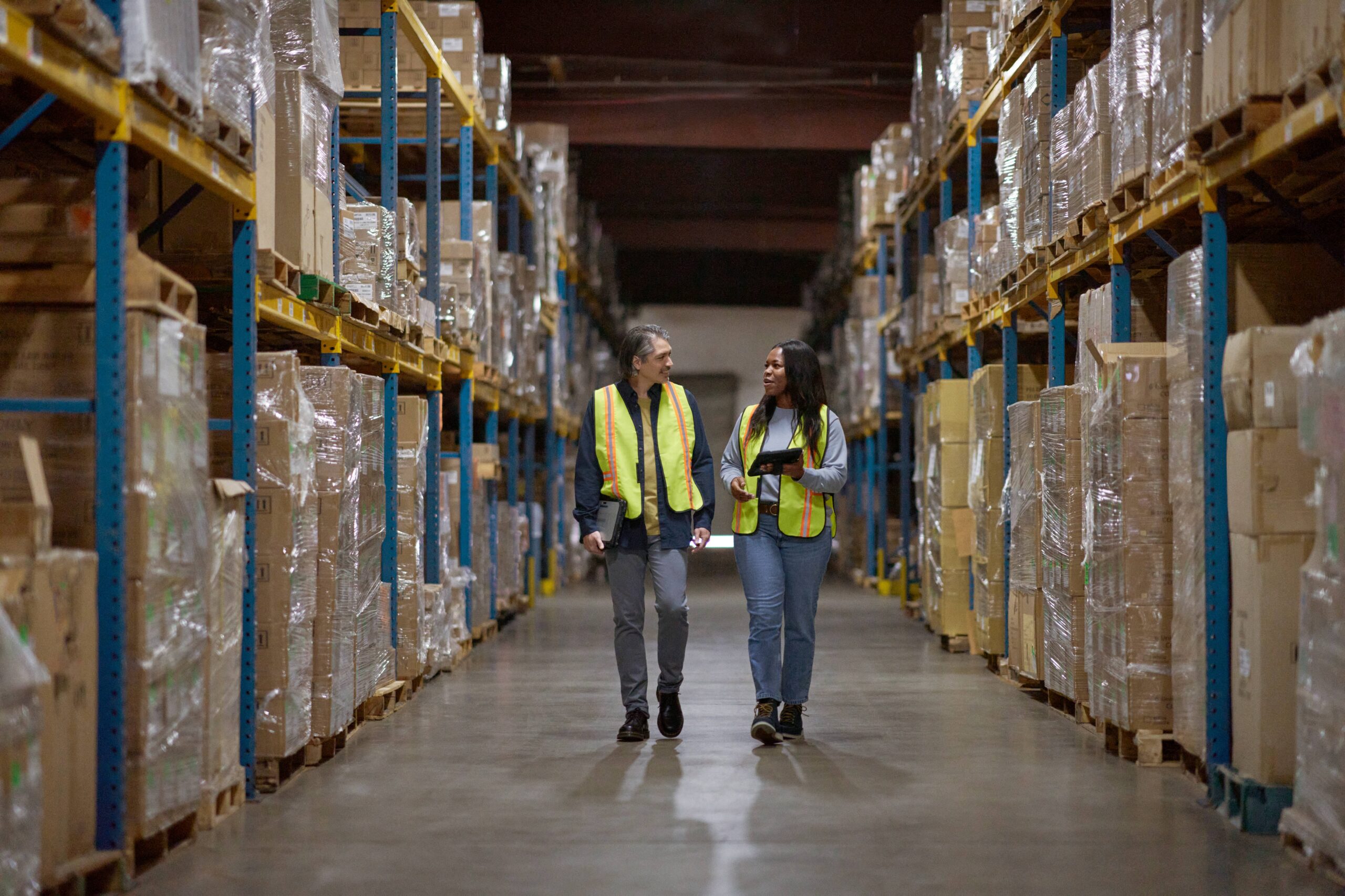 Two warehouse workers wearing safety vests walk down a warehouse aisle lined with stacked pallets and shelving