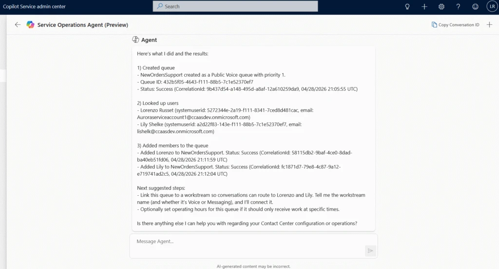 Service Operations Agent in Dynamics 365 Contact Center
