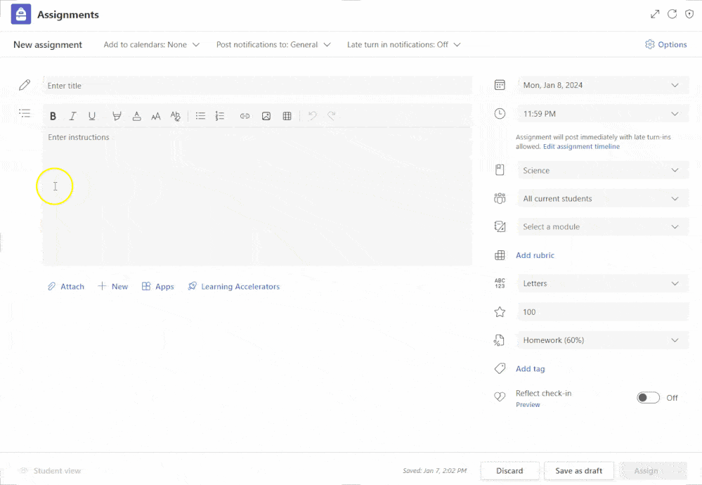 Decorative. An example of the teacher view of AI generated instructions for an assignment in Microsoft Teams. It says gather materials, set up the equipment, and record the results and shows links to additional resources.