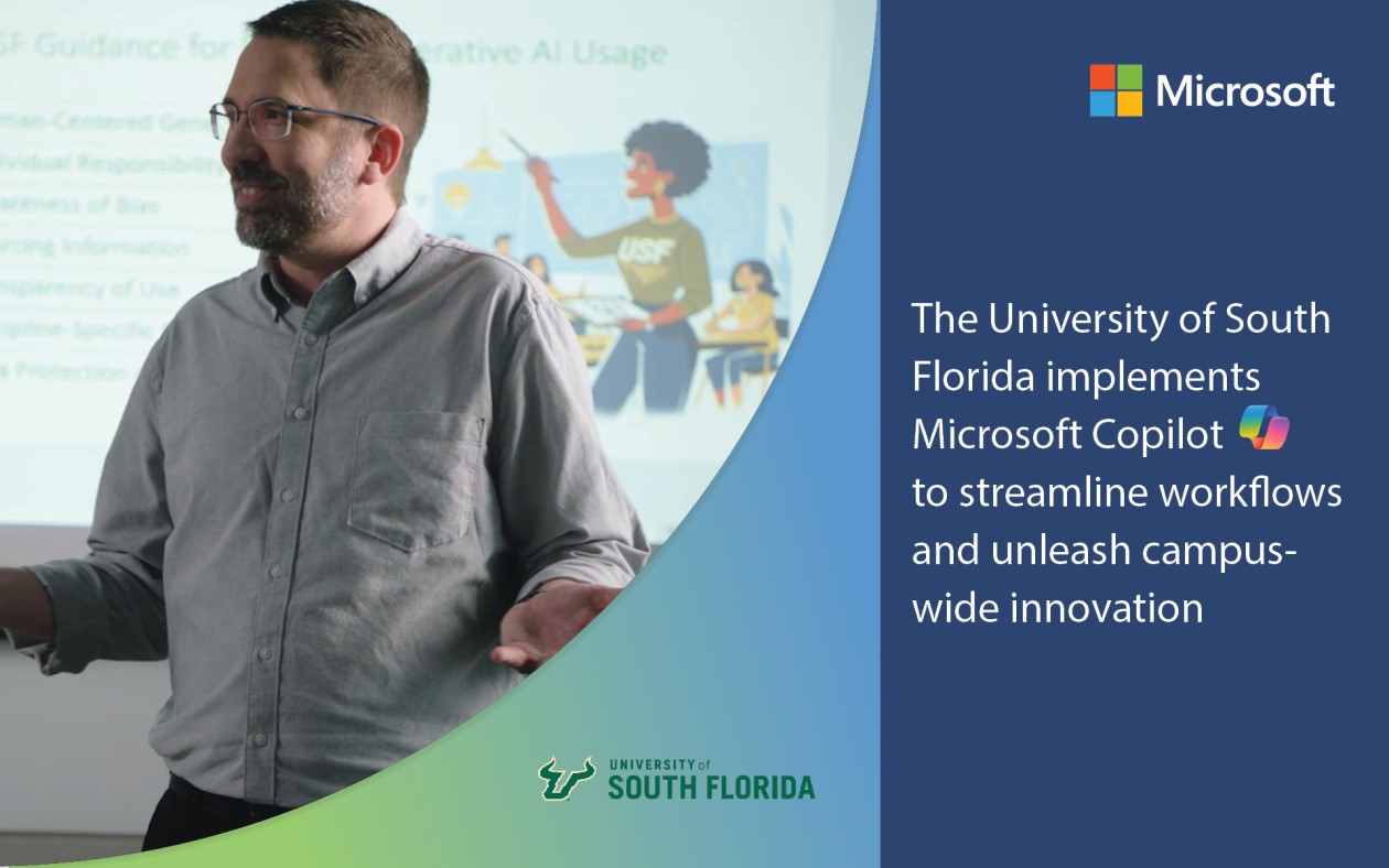 Decorative. A university instructor standing in front of a screen. There’s a graphic to the right with the Microsoft logo and the title of the blog.