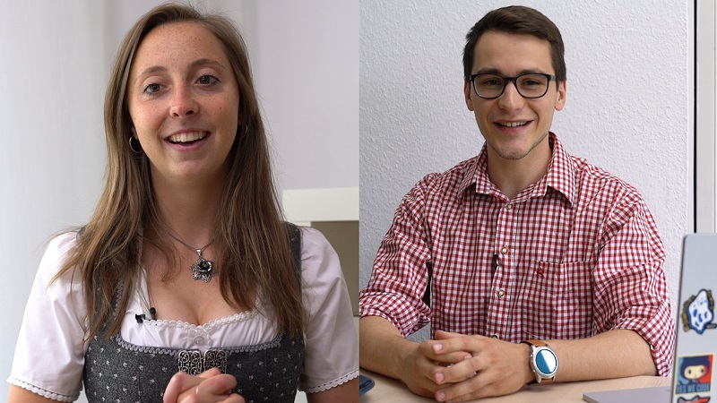 Ein zweigeteiltes Bild, links eine Frau im Dirndl, rechts ein Mann in einem rot-weiß-karierten Hemd
