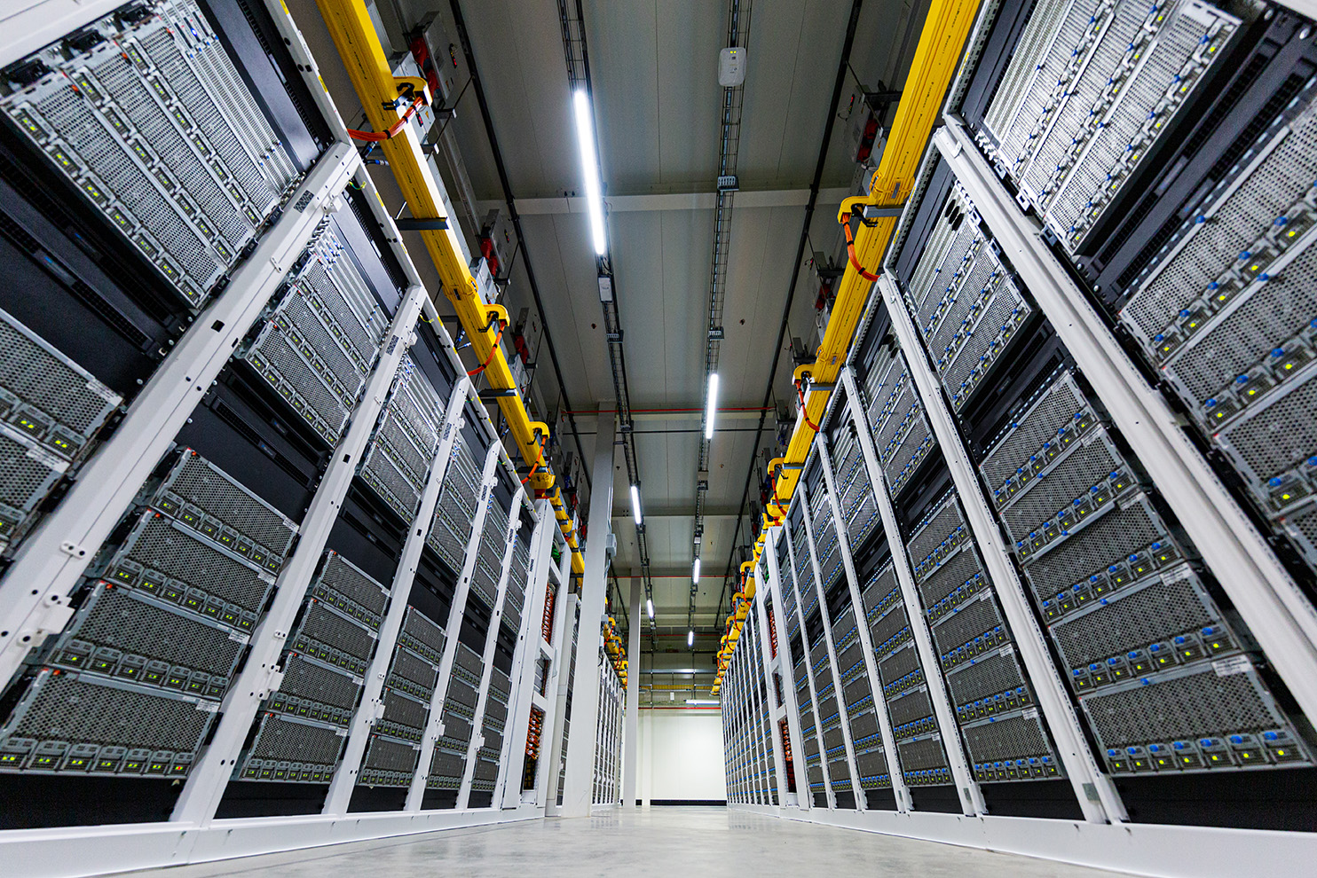 Microsoft datacenter cold aisle row of server racks - wide angle
