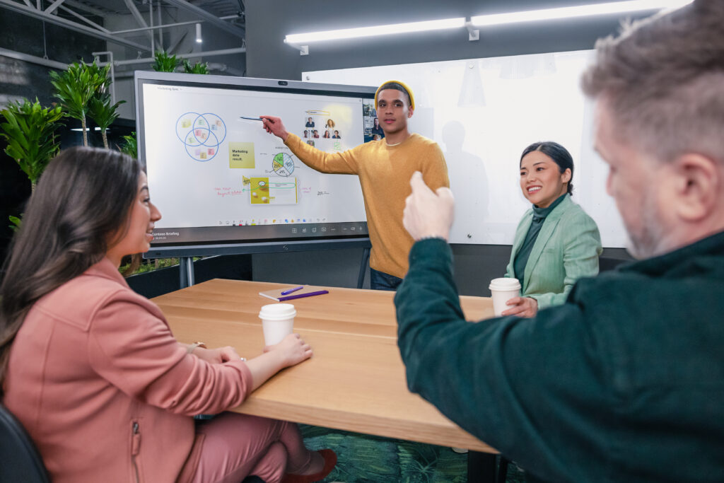 People together in the Conference Room, using Whiteboarding in a Teams meeting on Together mode on a Yealink Ideation Board.