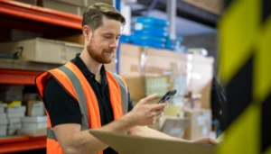 Man wearing an orange vest in a manufacturing or warehouse who appears to be doing inventory