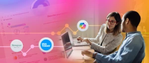 Two people collaborating on a laptop computer with a gradient background