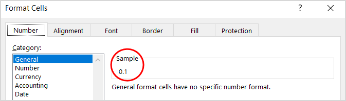 How to check the underlying value of the cell in Excel. Sample and decimal 0.1 circled in red.