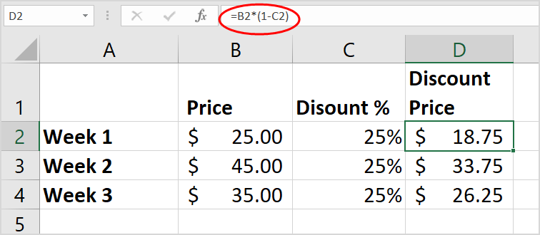 Demonstrating the formula in Excel to apply a discount.
