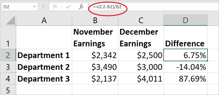 Demonstration of calculating the difference between one month's earnings and another.