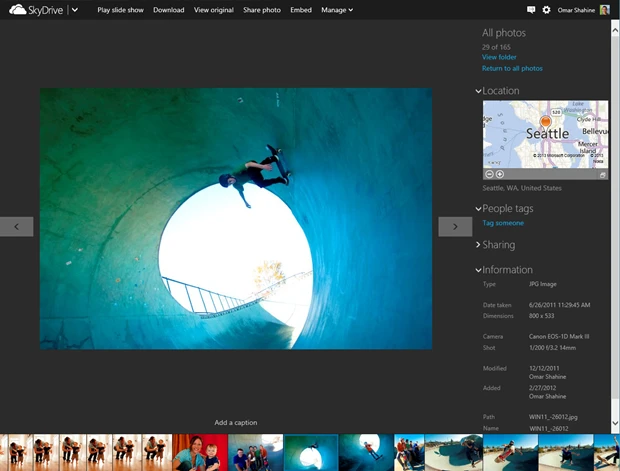 Photo of a skateboarder with a location tab