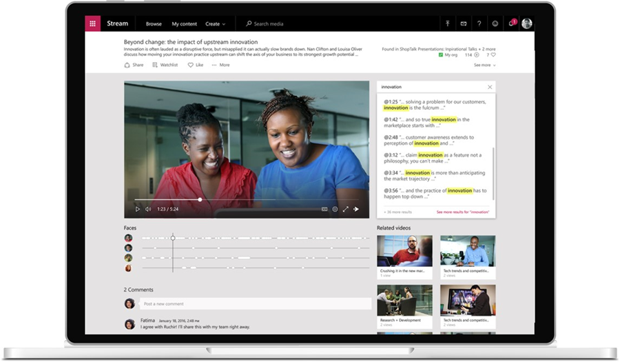 A laptop displays Microsoft Stream and its newest features.