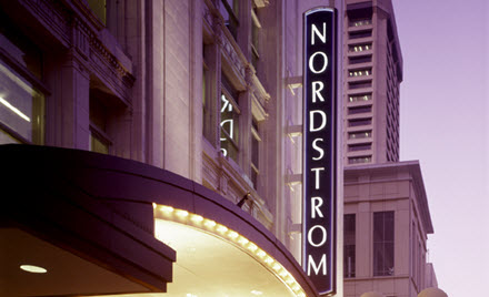 Nordstrom sign as seen from a street in downtown Seattle