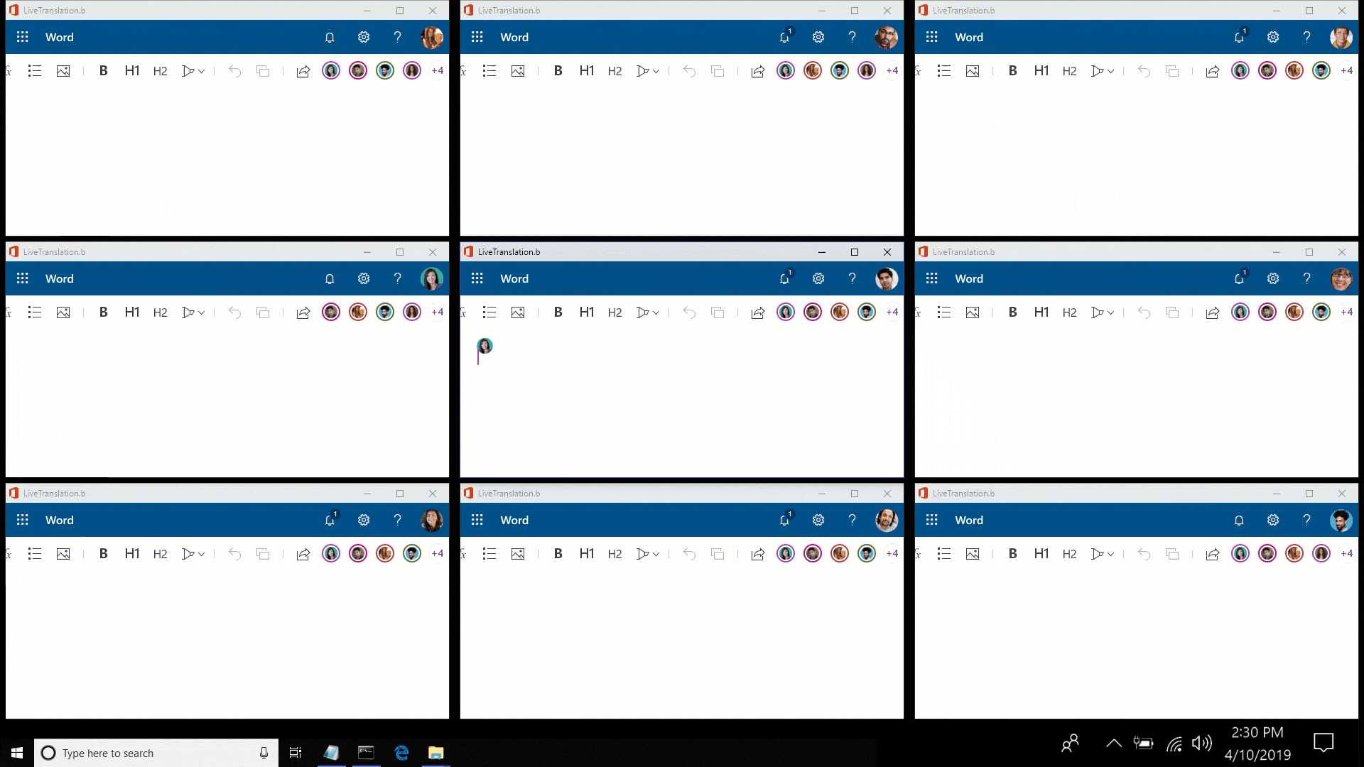 Animated screenshot of Fluid Framework in action. Live translation happening across nine different screens.
