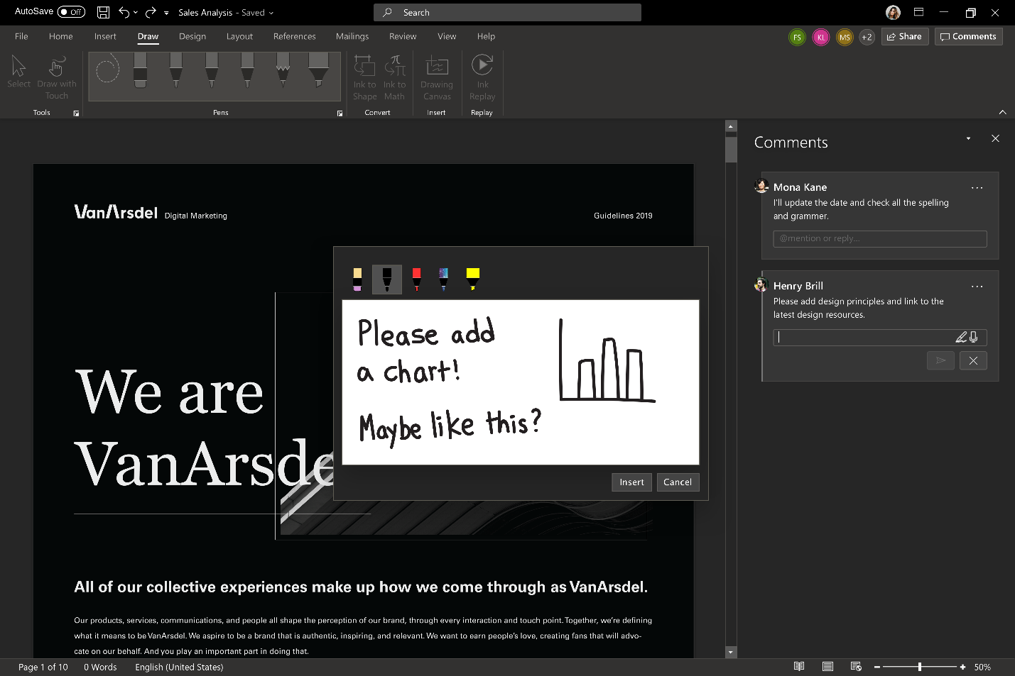 Image of a note written in digital ink in a sales analysis file.
