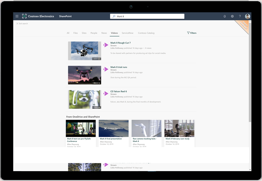Screenshot showing a user using Search in SharePoint.