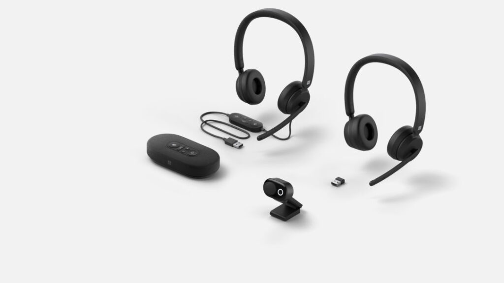 A Microsoft Modern USB Headset, a Microsoft Modern Wireless Headset, a Microsoft Modern USB-C Speaker, and a Microsoft Modern Webcam.