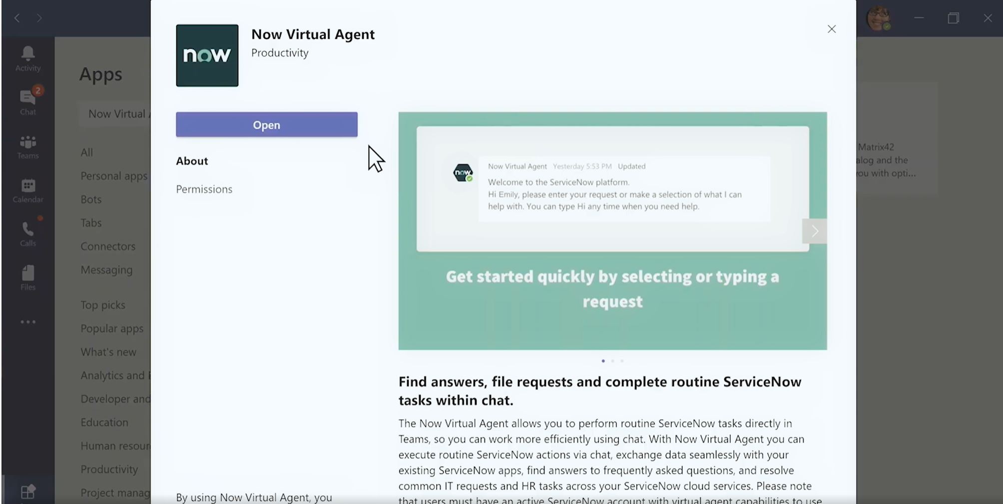 Levi Strauss integrated the ServiceNow Virtual Agent with Microsoft Teams to request and receive services quickly.