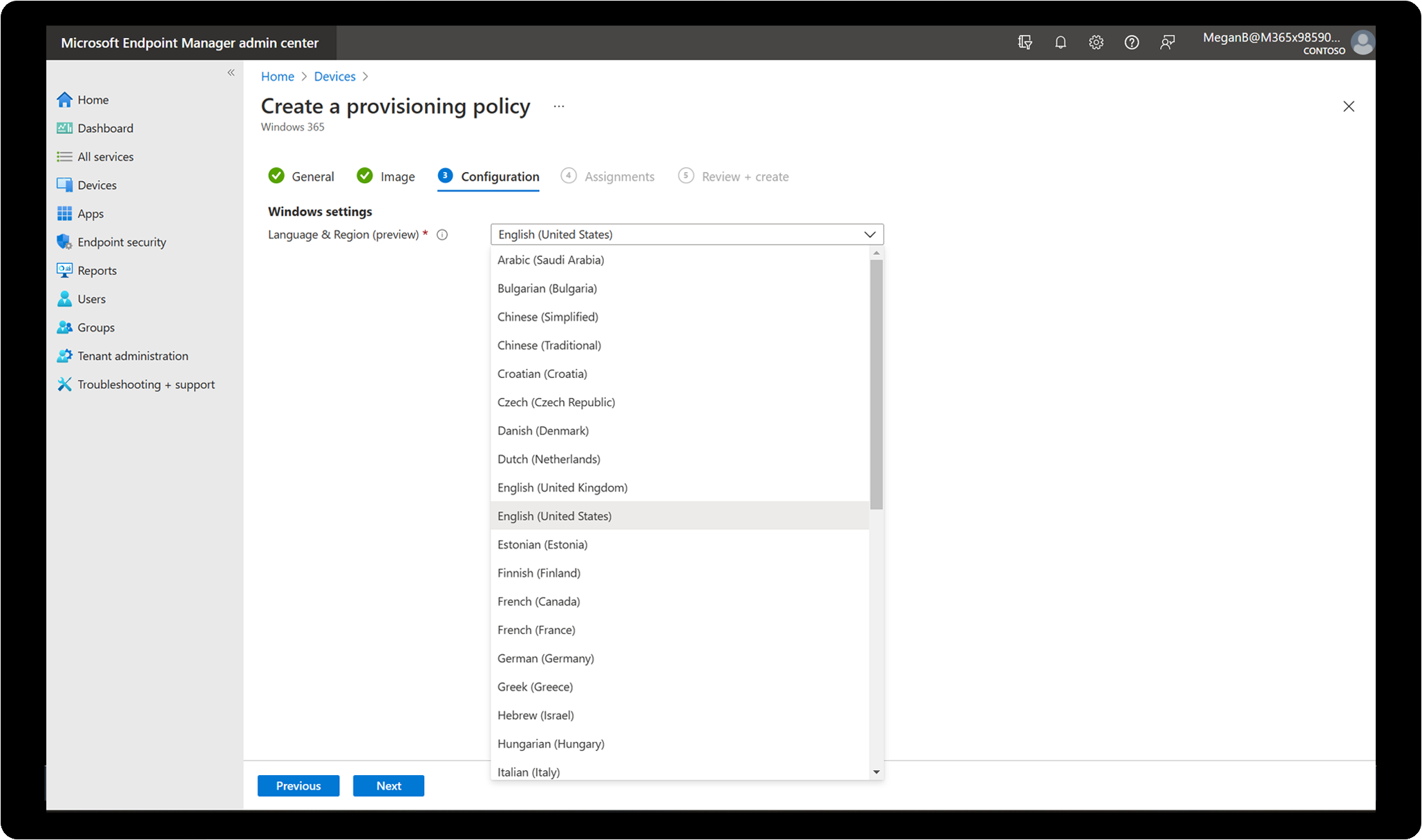 Microsoft Endpoint Manager showing a drop down menu of available languages for a Windows 365 Cloud P C.