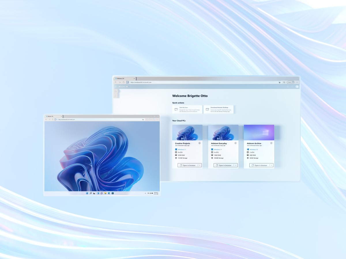 Two Edge browsers showing the Windows 365 UI.  The left browser shows a Windows 11 desktop powered by Windows 365. The right browser shows the Windows 365 welcome screen.
