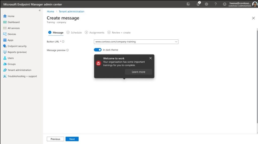 Windows 11 feature demonstrating how to send targeted organizational messages directly to employees across various surfaces in Windows 11.