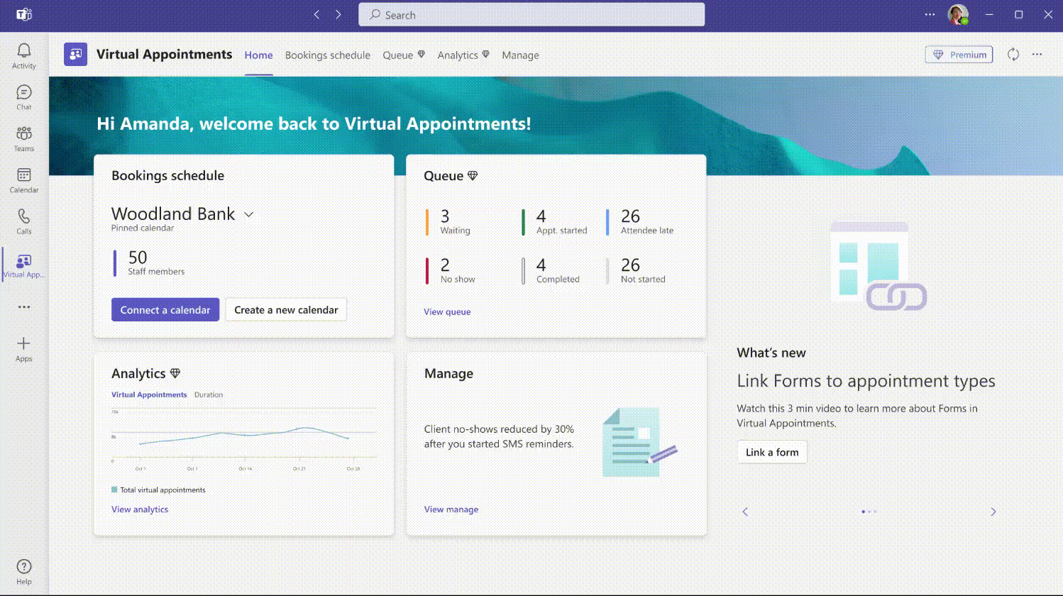 In the Virtual Appointments app, a user sees the Home screen which provides a quick view of appointment analytics, queue and schedules. Then the user clicks on Bookings Schedule and see a calendar of scheduled appointments, and clicks “New Booking” to schedule a new appointment. Then they click on Queue, click on the person icon and a chat opens to start a pre-appointment conversation with an attendee. Finally they click on Analytics to see a graph of appointments data the organization has over time.