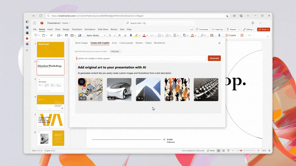 A GIF showing Copilot in PowerPoint’s ability to create custom images from a simple prompt, with the integration of OpenAI’s image generator, DALL-E.